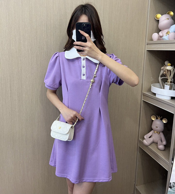 [miss Xi Xi] contrast polo collar bubble sleeve waist closing dress 1508# Cl