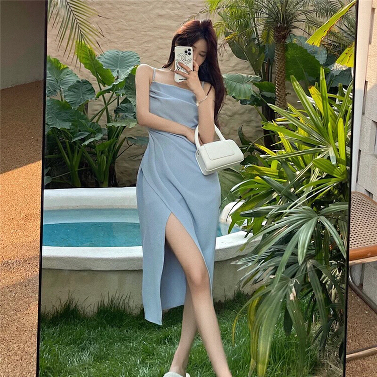 [Nancy] French sling split texture high-grade sense beautiful back thin dress 0023# WPL
