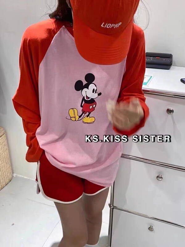 New in early summer! [K2 design] Korean color blocking Mickey pattern long sleeve T-shirt + loose Shorts Set tz17# WTT