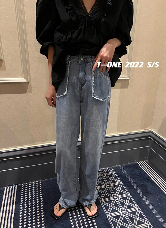 [t one] Korean personalized woolen loose jeans 9089# LSL
