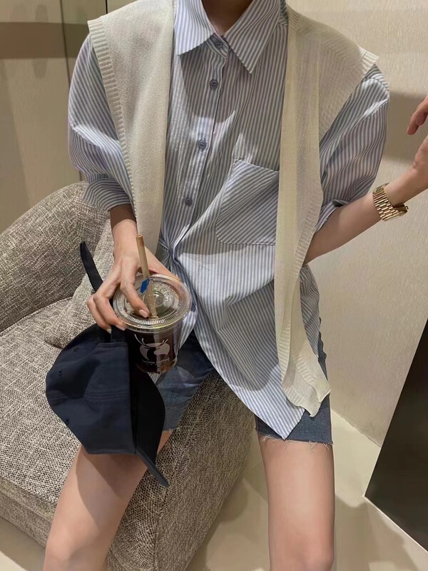 初夏上新!【OIT】休閒條紋單口袋襯衫(配披肩)  9080#  HBX