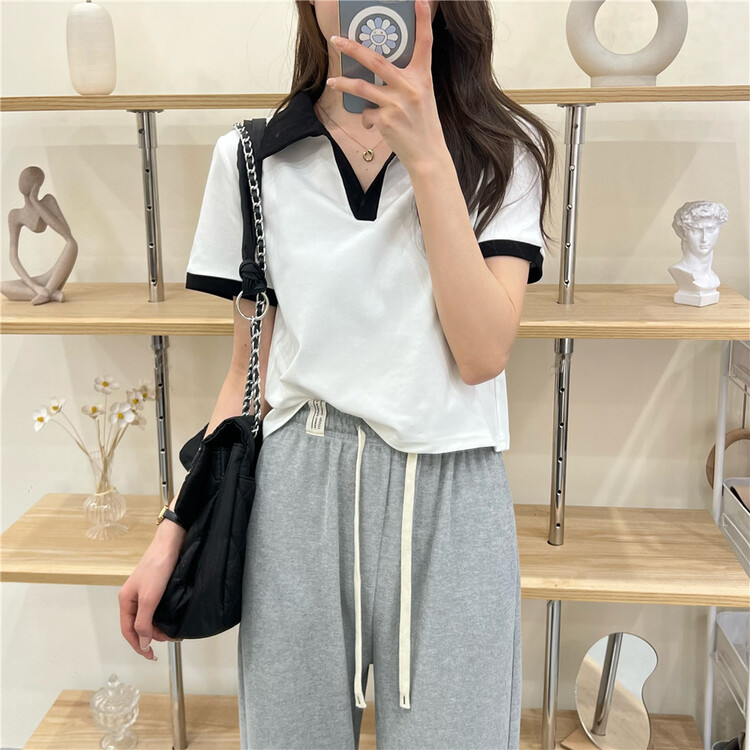 [six plus] Korean style short color contrast collar versatile blouse 8015# CLS