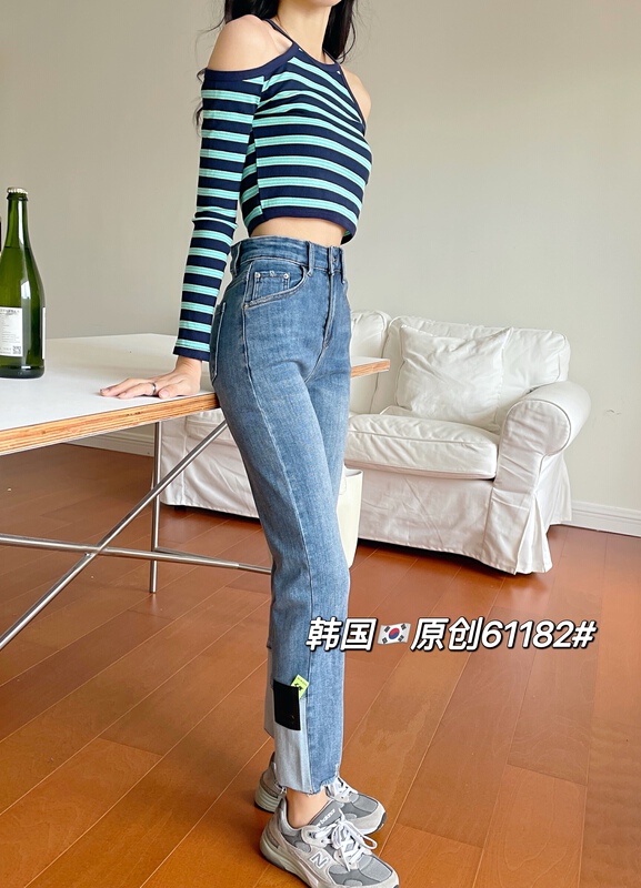 New year in early spring! [Korean original] stitched BLACK LEATHER JEANS 61182# L