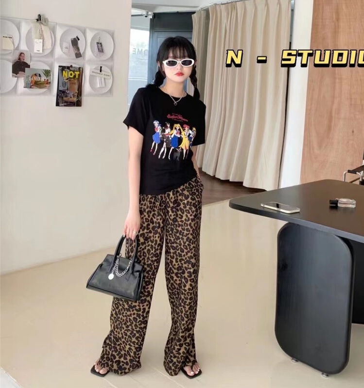 【N】 Personalized trend leopard wide leg slit casual pants 0598# WTT