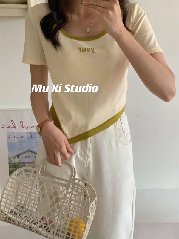 [Muxi] contrast color round neck Pullover short sleeve T-shirt 8828# LSL