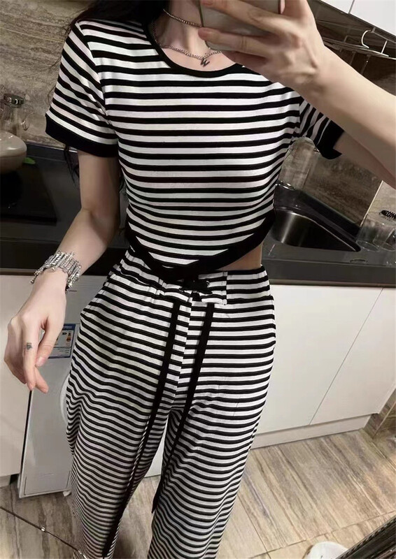 [miss sunflower] irregular stripe T-shirt + loose casual pants set 0185# ozq