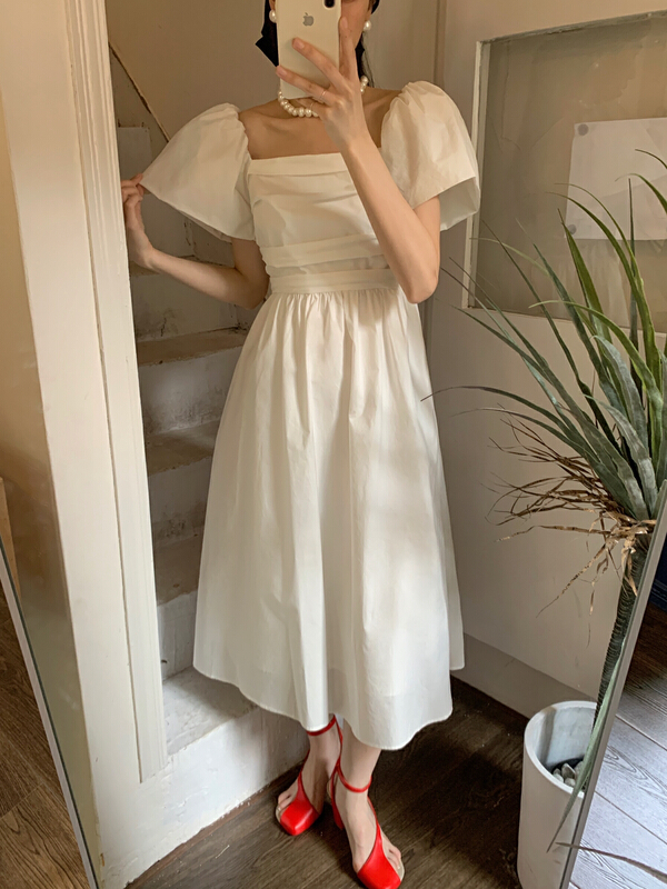 [new open] French Chic Vintage pleated square neck dress fl22735# zxl