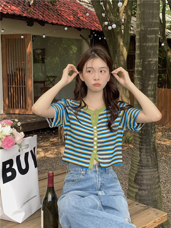 [bobi] stripe design small V-neck shirt 6613# hjy