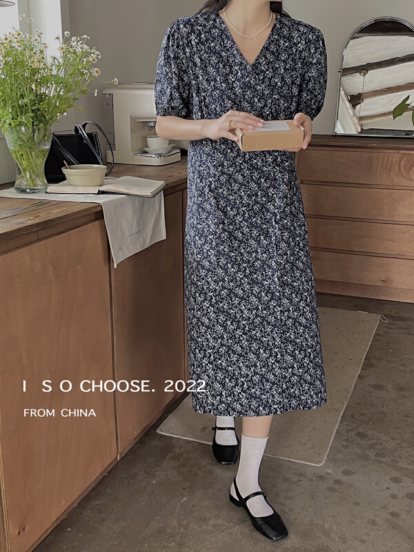 goods in stock! New in early summer! [ISO Korean] high waist, slim and versatile printed retro French gentle dress 2980# hjy
