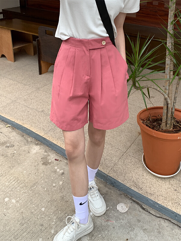 [ange run] solid color temperament, one button on the side, high waist and thin casual shorts 2221# zjy