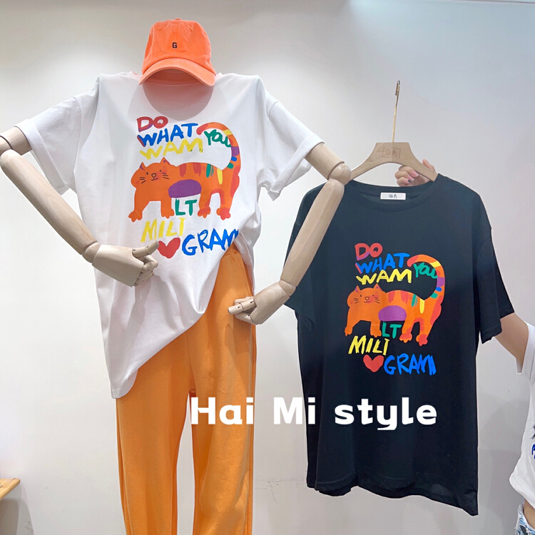 [wt-1819] loose sleeve color cat T-shirt