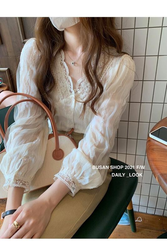 [Gangan] temperament V-neck lace long sleeve mesh blouse 8166# ll