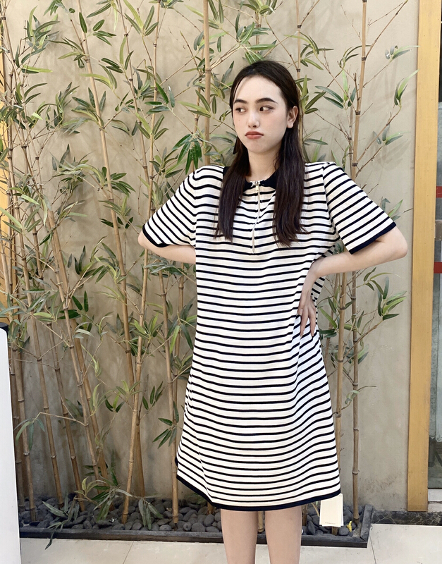 [S.J] Striped Polo neck thin loose slim dress 6889# LSW