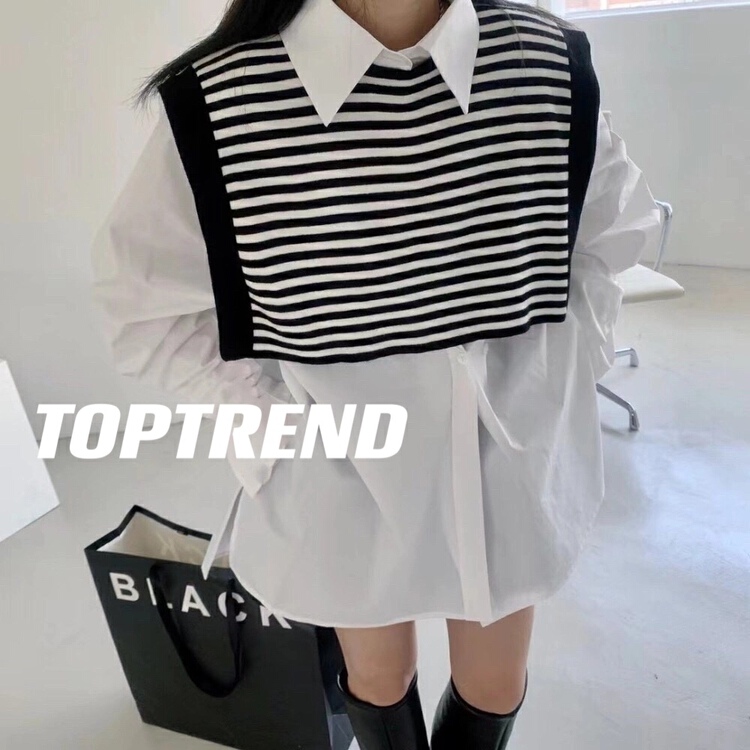 [top] round neck striped Knitted Vest + loose net color shirt set (excluding sunglasses) s115# ZSY