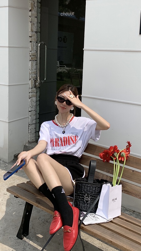 [our] Korean print design sense back cross short sleeve T-shirt 9962# LSW