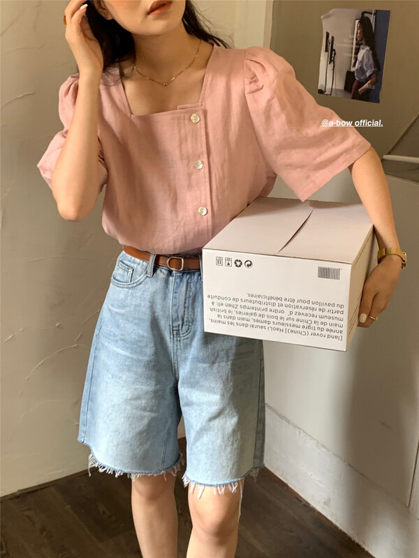 [a-bow studio] Korean style square neckline buckle age shirt 15179# zjy