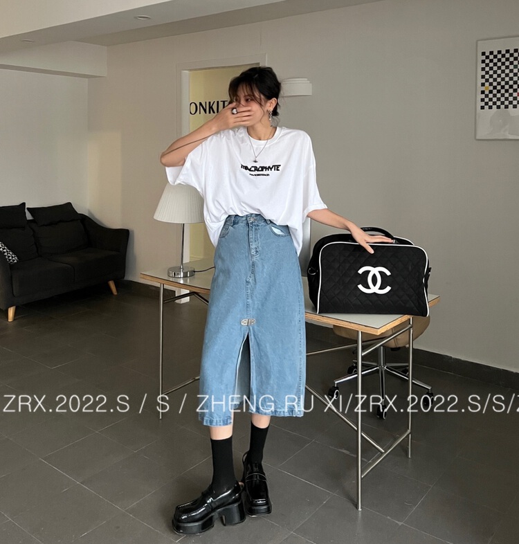 New in early summer! [zhengruxi] Korean version metal buckle versatile comfortable denim skirt 11635# WTT
