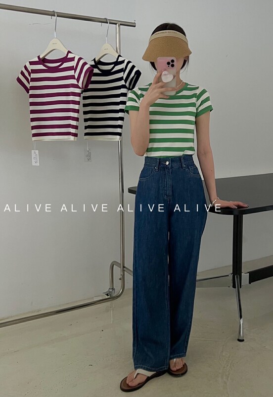 [alive] fashion stripe round neck sweater 201356# lwy