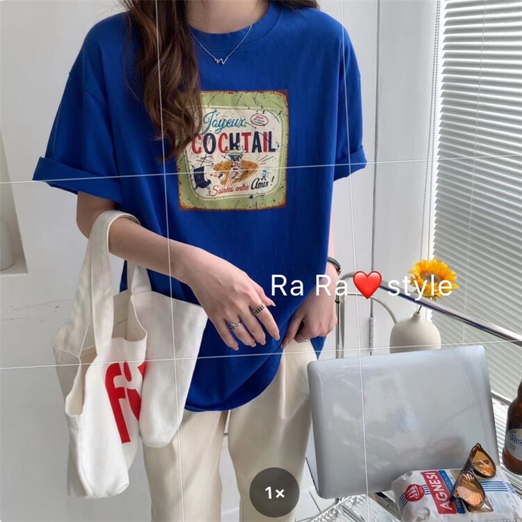 [rara] loose vintage wine cup printed short sleeve T-shirt 30130\lsl