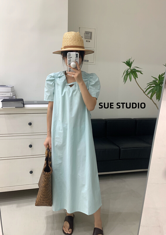 [Sue studio] Korean V-neck bubble sleeve dress (with waist rope) 55503# ZSY