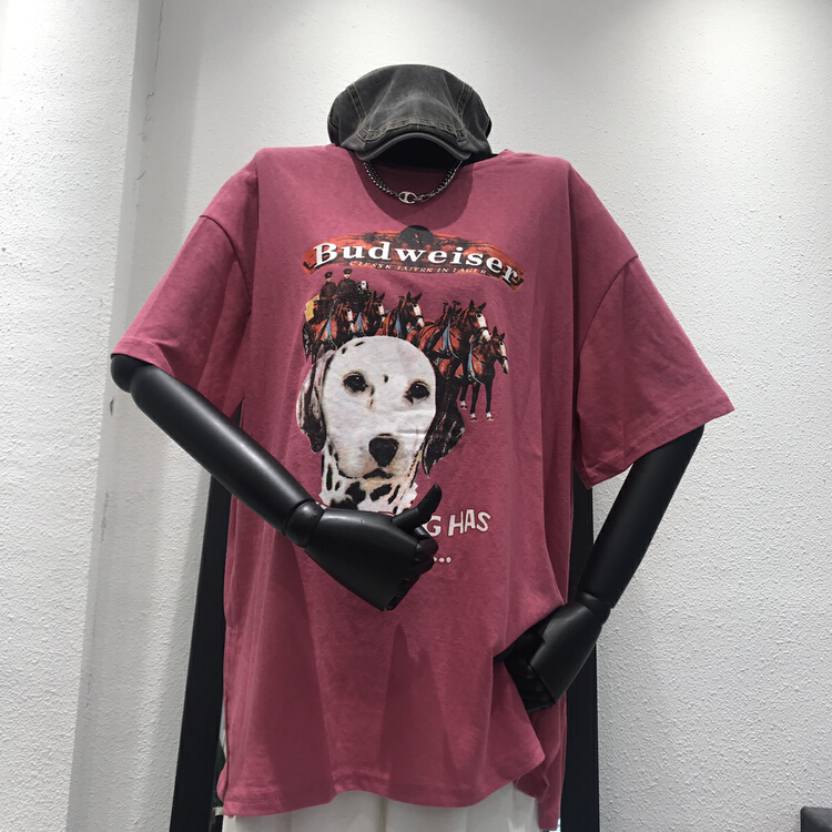 [misu rice plain] round neck loose print Casual Short Sleeve T-shirt 6622# ll