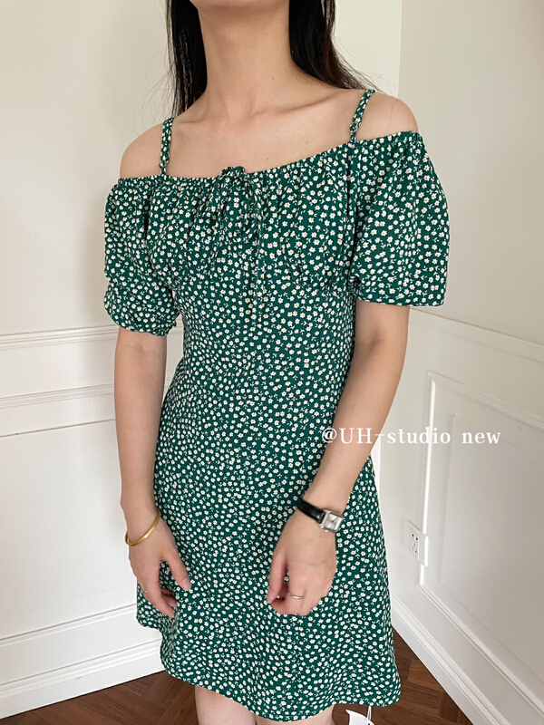 [uh] two wear a line shoulder thin floral dress 7790\hjy