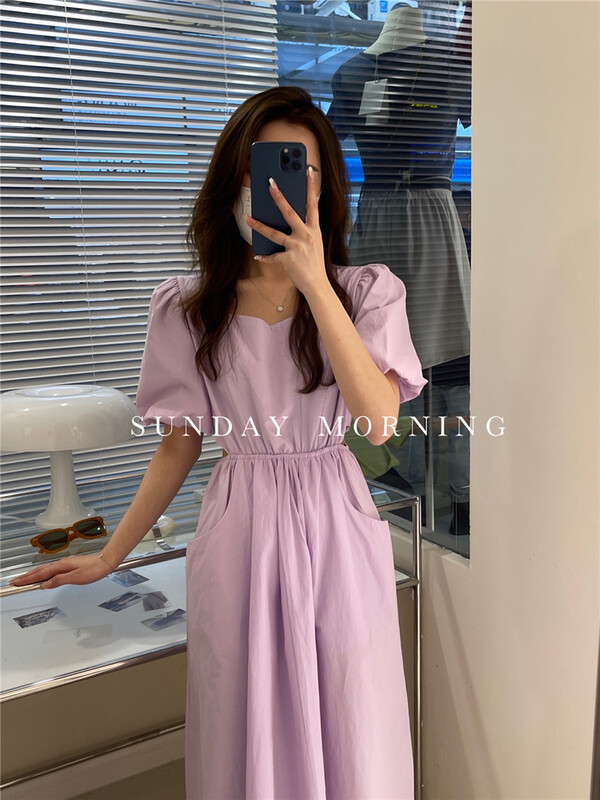 [Sunday morning] French square neck bubble sleeve waistless dress 6982# zjy