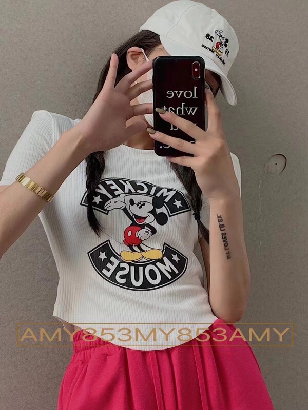 【AMY】卡通米奇墊肩螺紋短袖T恤  853#  WTT