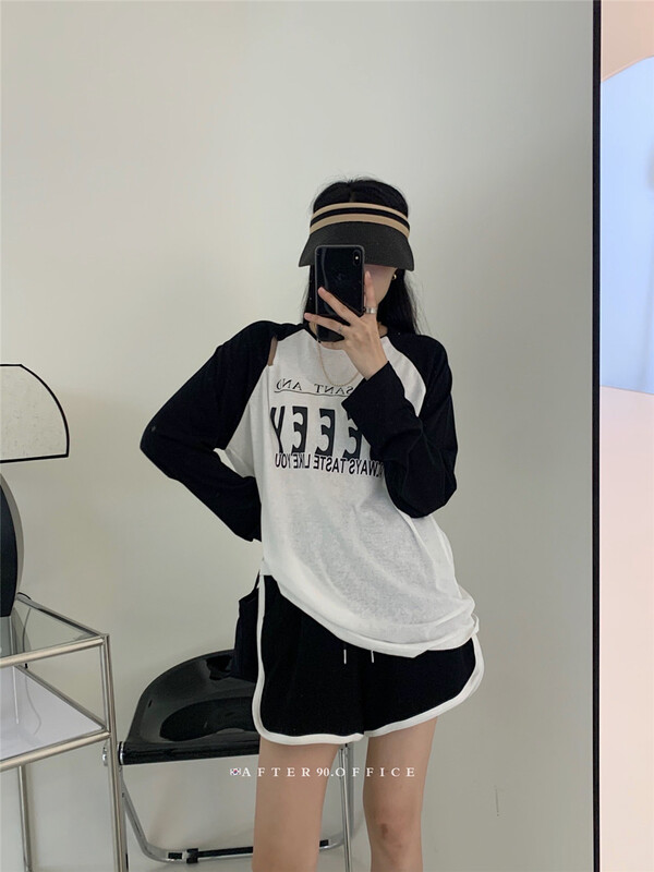 [after. 90] Korean alphabet long sleeve T-shirt + comfortable color matching casual Shorts Set 2328# ll