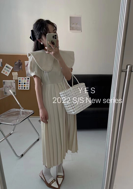 New in early summer! [yes] Korean pearl large lapel Pleated Dress (with waist rope) 7033-1# ozq