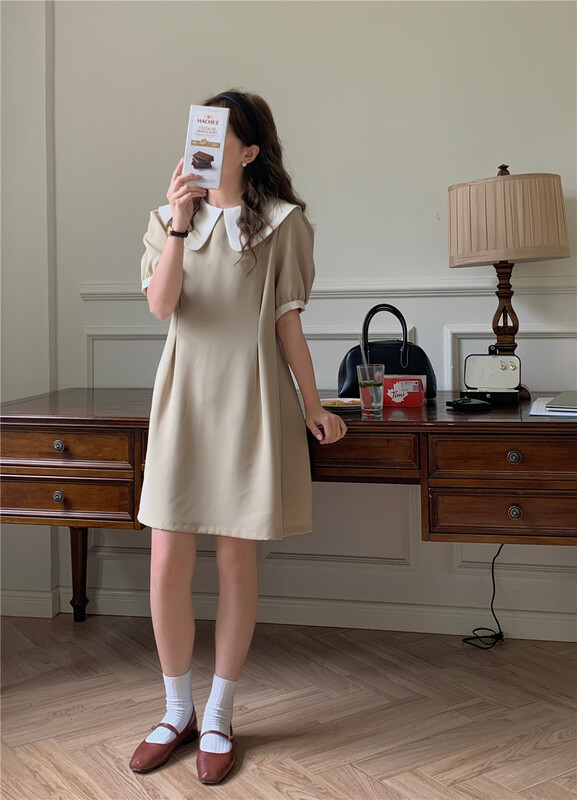 [feeding] Korean color contrast doll neck bubble sleeve dress 7858-a5# cqw