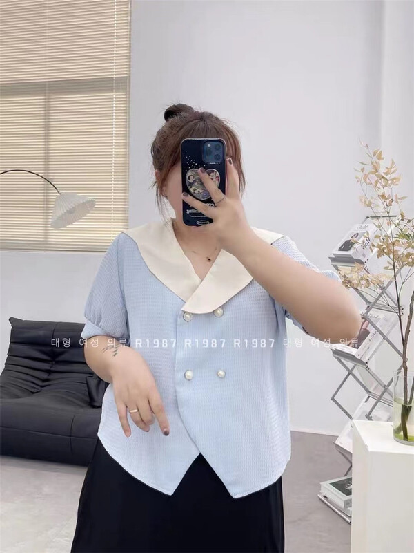 [r1987] French contrast collar double breasted blouse 5191# zjy