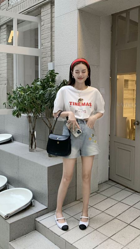 [qixuaner] Korean alphabet printed short sleeve T-shirt 2690# LSW