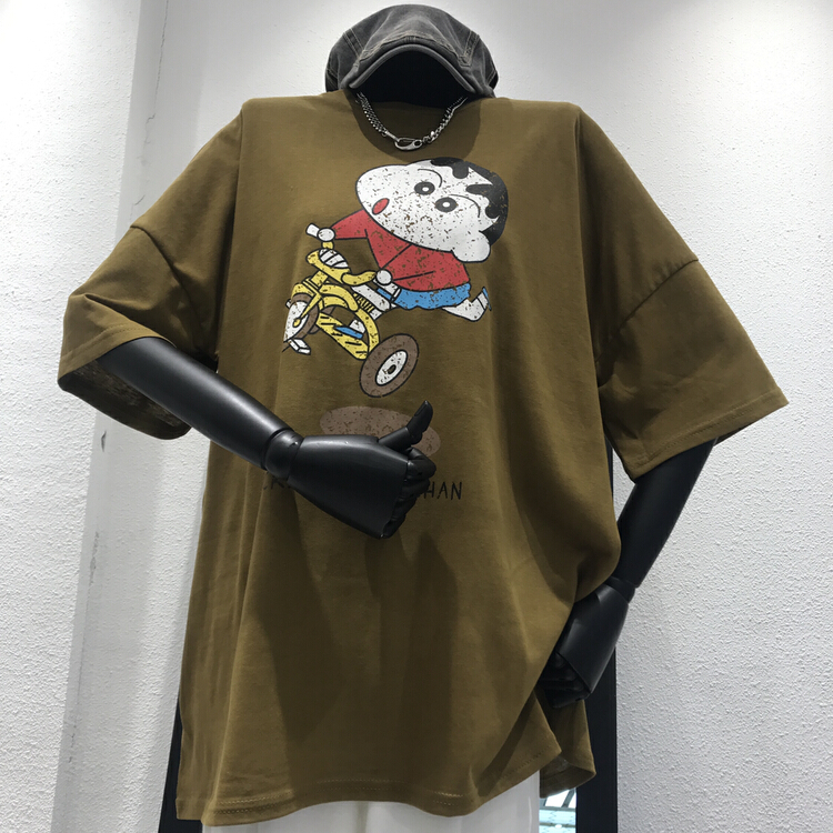 [misu rice plain] round neck loose print Casual Short Sleeve T-shirt 6623# ll