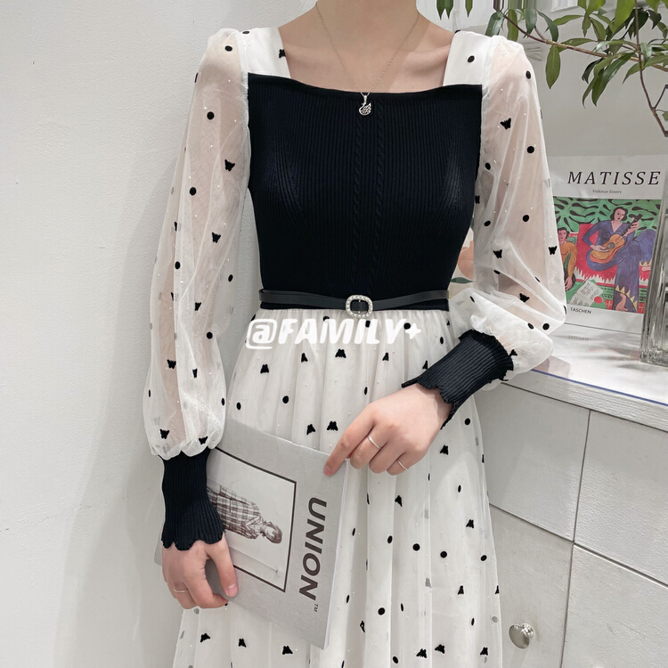 Original price 111.97! New year in early spring! [family +] temperament square neck mesh flocking splicing ice silk dress (with belt) 22312# ozq