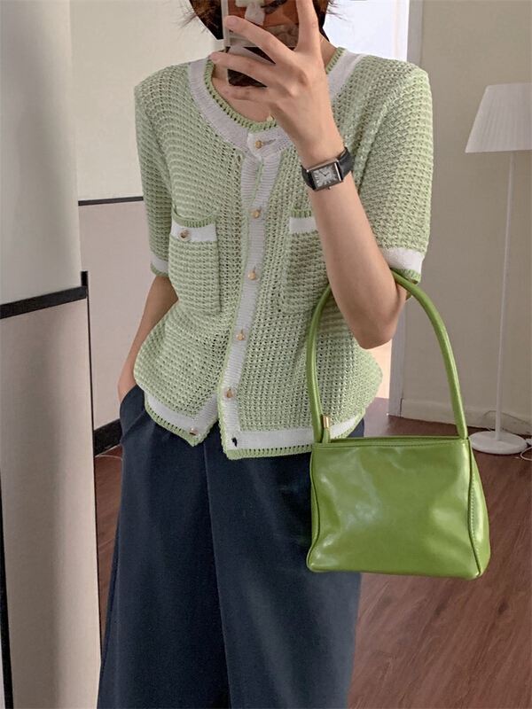 [about me] contrast wavy metal button sweater 219078# cqw