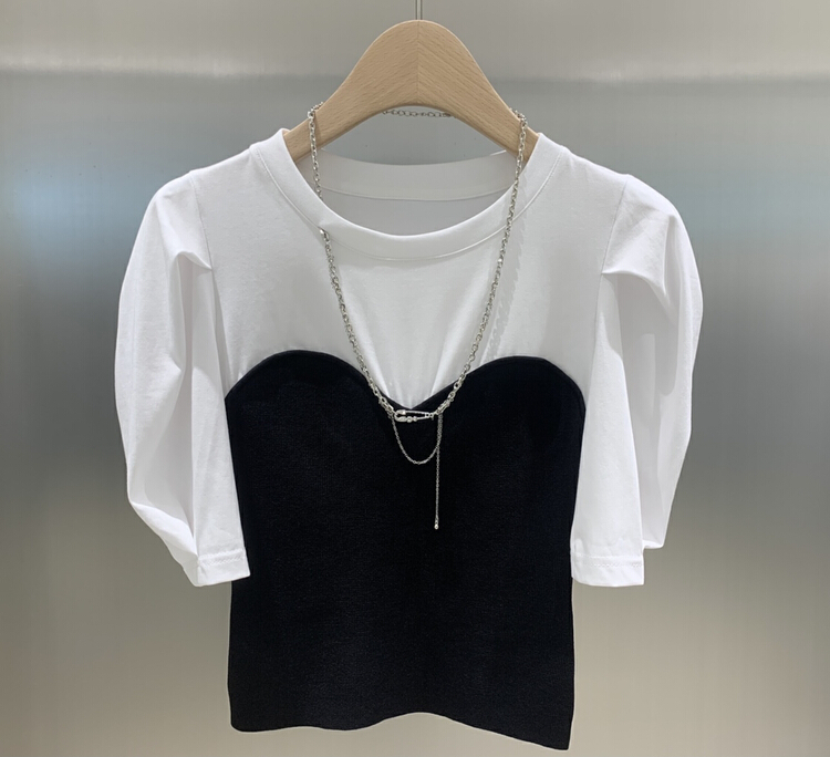 New in early summer! [DS] Korean sweet song bead stitched bubble sleeve T-shirt 28328d# XYJ