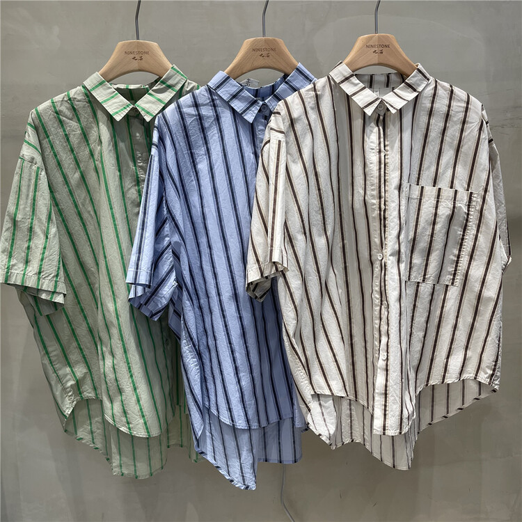 [fabric] Korean striped single breasted shirt 592086# L