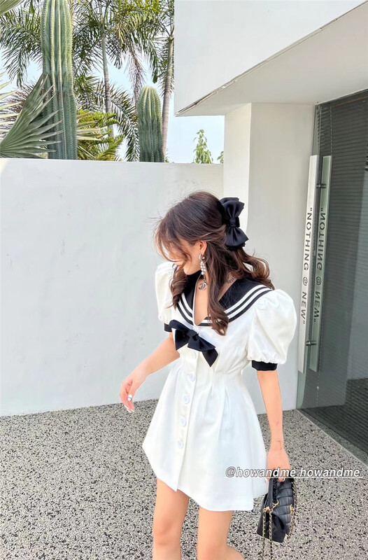 New in early summer! [how and me Cheng Xi] color blocking fashion age reducing slim dress (detachable with bow) 7026# LSL