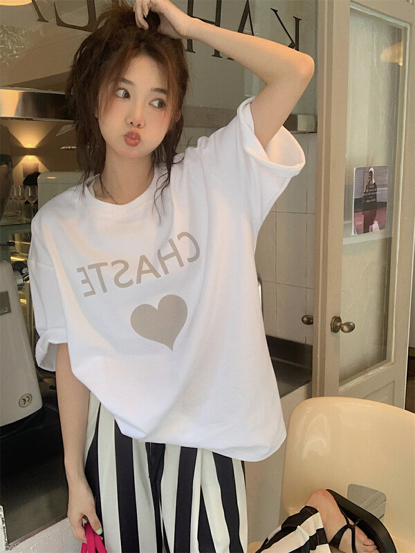 [timely rain] Korean style ins loose and simple design printed love short sleeve T-shirt (excluding matching) 02505# WPL