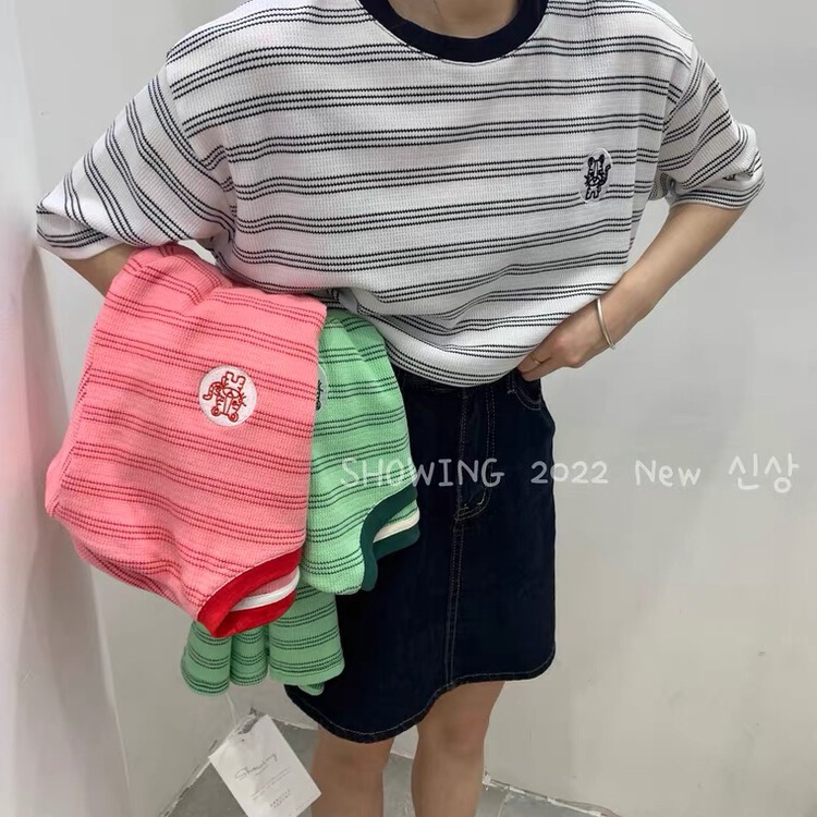goods in stock! New in early summer! 【S】 Korean stripe embroidered short sleeve T-shirt 522# WTT