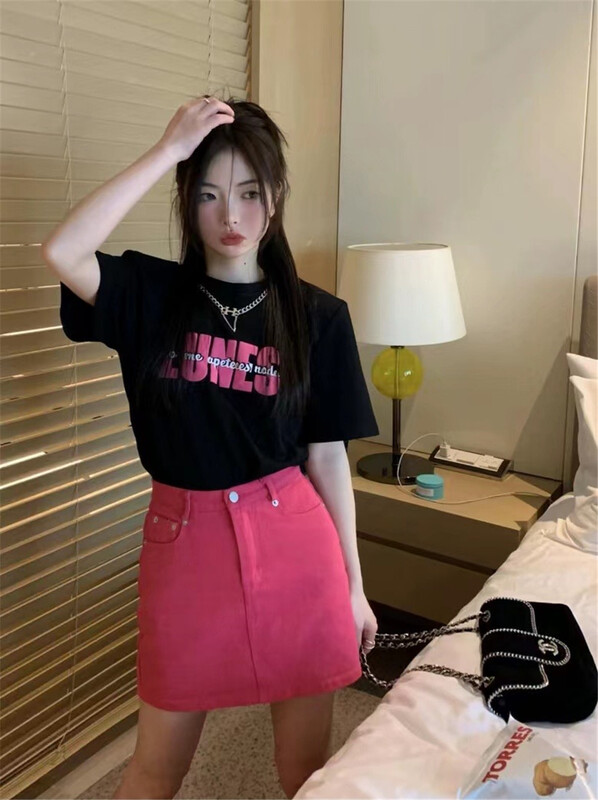 [seven 7] lettered short sleeve T-shirt + denim versatile skirt set 8184# WTT