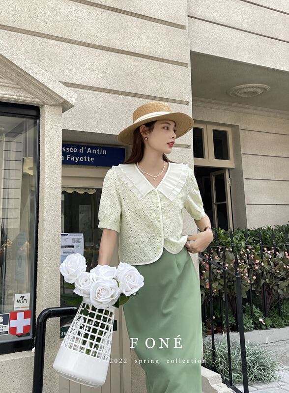 [f one] sweet embroidered color matching edge button up blouse 66033# WPL