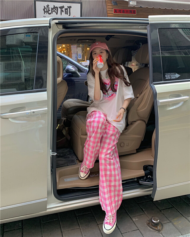 [timely rain] Girls' Pink Plaid versatile high waist elastic waist slacks 71220\wpl