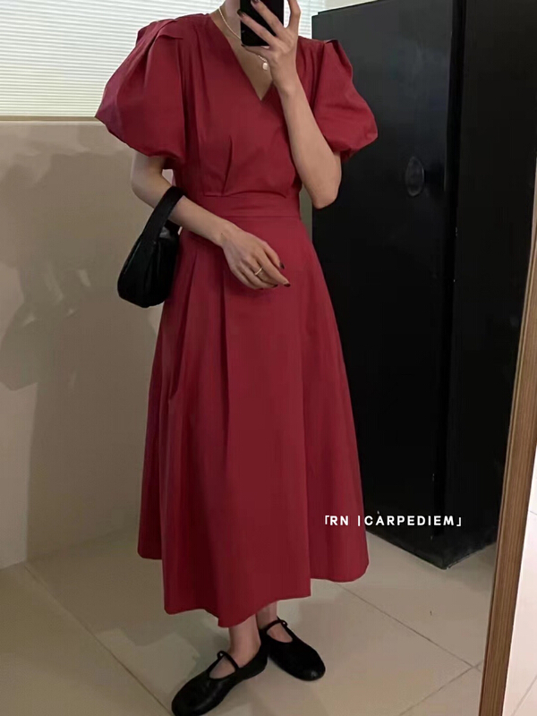 [R n] Korean V-neck high waist thin back hollowed out design dress 80905# ll