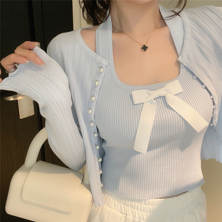 goods in stock! New year in early spring! [koumiya] simple round neck single breasted knitted cardigan + bow neck sexy back set (bow can not be removed) 5803# PCZ