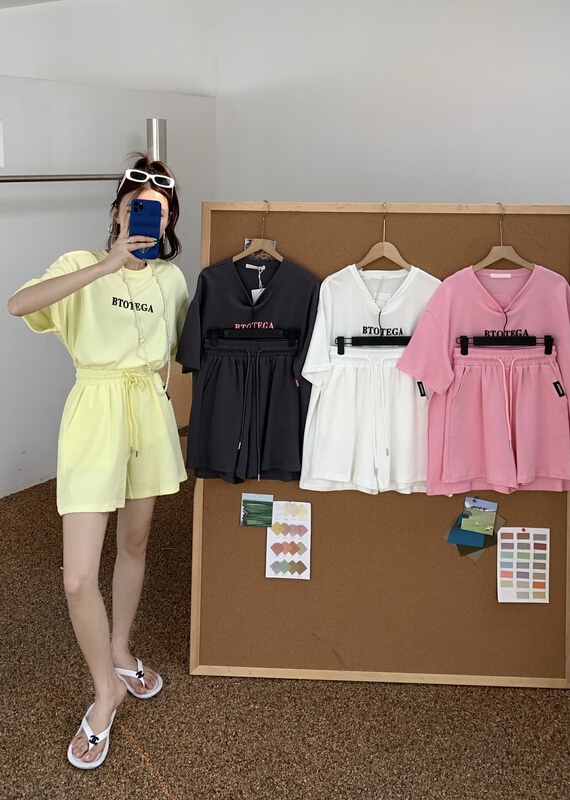[our] Korean three-dimensional silica gel letter short sleeve T-shirt + casual Shorts Set 9783# LSW