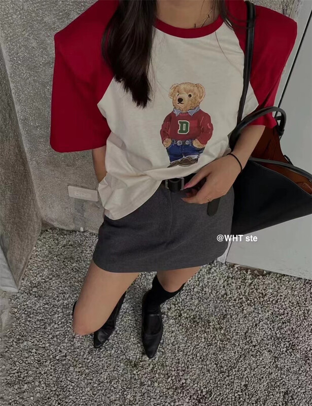 [wht] bear color matching round neck short sleeve T-shirt 4078# WTT