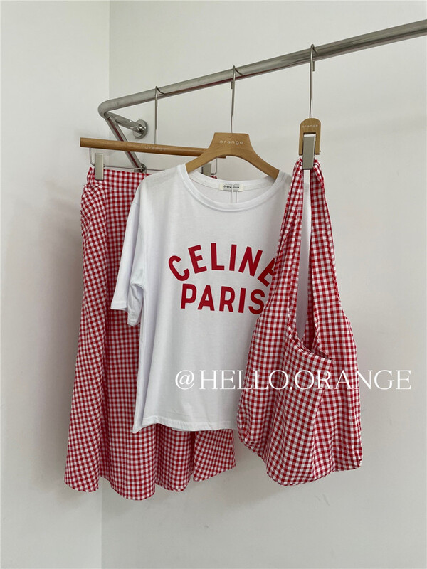 [orange] letter printed short sleeved T-shirt + high waist slim Plaid Skirt Set (with bag) 8849# HBx