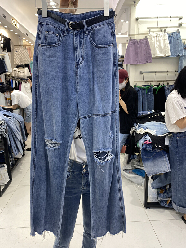 [okd] Korean loose cut hole mopping jeans (with belt) 8039# zxl